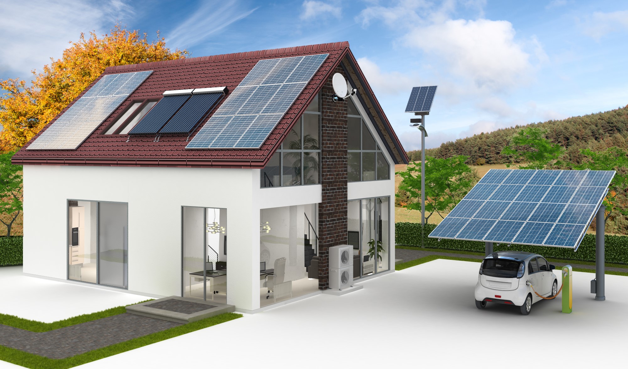 Modernes Haus mit Solarmodulen auf dem Dach, daneben ein E-Auto an einer Ladestation